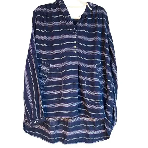 Free People Navy Striped Rolling‎ Clouds Hooded Top Beachy Lightweight - Picture 3 of 6